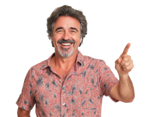 Man smiling and pointing enthusiastically indoors