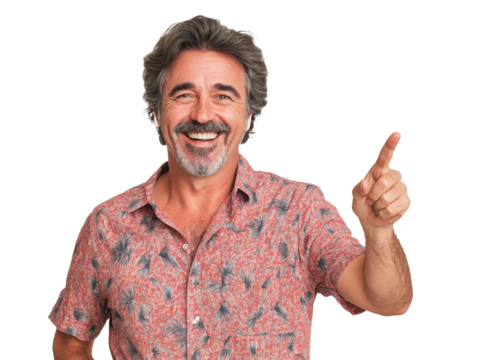 Man smiling and pointing enthusiastically indoors