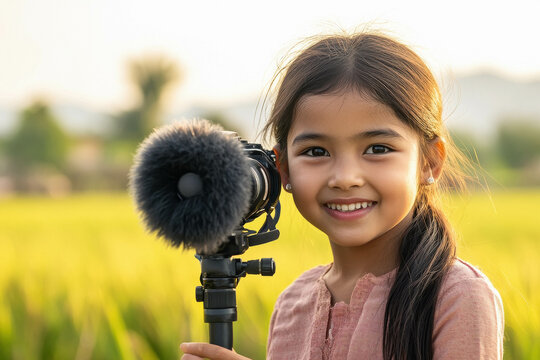 Indian little girl holding camera at field