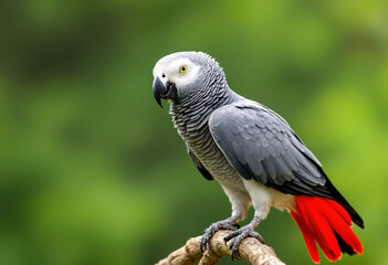 Obraz premium A gray parrot with a red tail perched on a branch against a blurred green background
