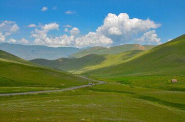 M-3 highway, Bazum Mountain Range and Pambak river valley scenic view from Spitak Pass (Jrashen,...
