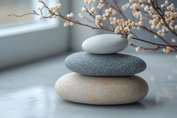 soft neutral backdrop featuring stones and branches with natural colors perfect for beauty product branding and packaging exuding a sense of tranquility and organic elegance