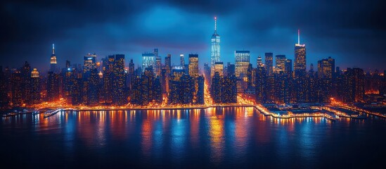 Night cityscape with illuminated skyscrapers and waterfront reflection.