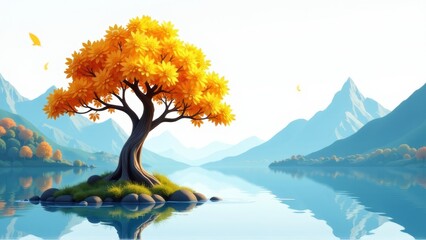 Serene Autumnal Tree on Island Lake