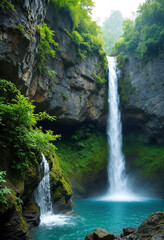 A large waterfall cascading down a rocky cliff into a turquoise pool below, surrounded by lush green foliage
