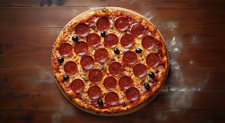 Delicious Pepperoni Pizza with Olives on a Wooden Surface Ready for Sharing and Enjoying, Perfect for Food Lovers and Culinary Inspirations
