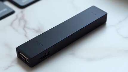 Black USB hub on marble desk near keyboard.