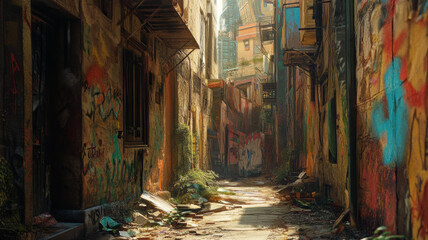 Fototapeta premium A dramatic scene where luminous liquid light meets urban decay in an alleyway, evoking a fusion of past and present.