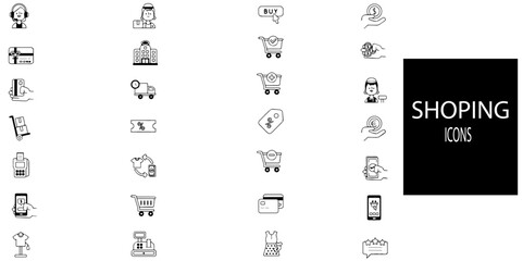 Shopping simple concept 28 icons set. Contains such Shopping bag, price, discount, cashback, bucket, dress, buy one get one, offer, mobile banking. Vector illustration.