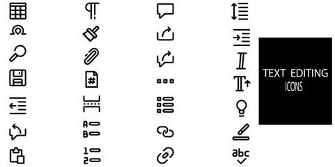 Text Edition simple concept 28 icons set. Contains such bold, italic, text size, front, checklist, left, right, center, brush etc. Vector illustration.