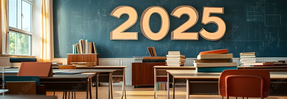 Aufkleber classroom setting with year 2025 displayed using books and large