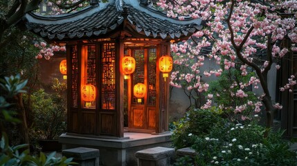 Fototapeta premium Peaceful Garden Shrine with Peach Blossoms