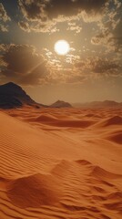 Fototapeta premium Rippling sand dunes stretch across the horizon under a blazing sun in a tranquil desert landscape at dusk
