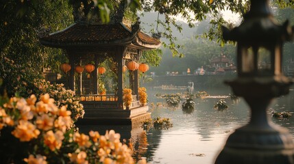 Serene Riverside Shrine Adorned with Lanterns