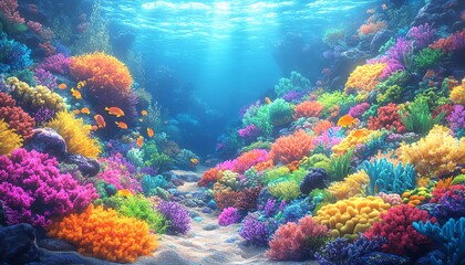 Naklejka premium vibrant coral reef habitat with an array of marine life, from brightly colored fish to intricate corals, creating a stunning underwater scene