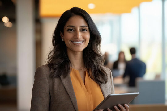 young indian business woman using tablet at office