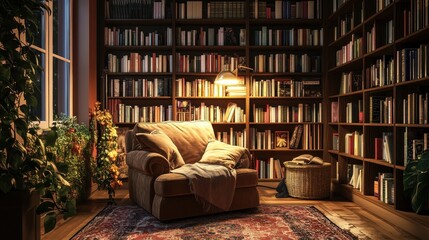

A well-worn bookcase overflowing with literature lines the wall of a cozy living room interior, inviting quiet study