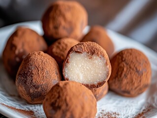 Macro shot of a decadent chocolate truffle with powdered cocoa dusted over it, placed on a ceramic...