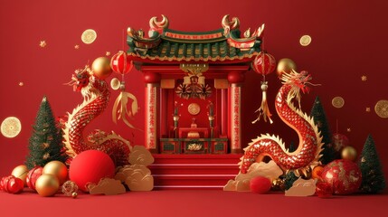 Obraz premium Dragon Motif Shrine with Festive Decorations