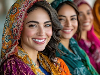 A vibrant celebration featuring women from different cultures dressed in traditional attire