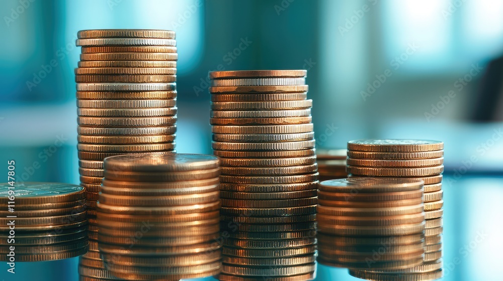 Poster a close-up view of several stacks of coins reflecting light, symbolizing wealth and finance in a mod