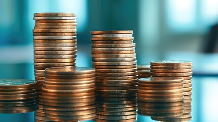 A close-up view of several stacks of coins reflecting light, symbolizing wealth and finance in a modern setting.