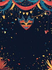 A invitation letter card design, Flat illustration draw abstract background carnival festival, multicolor dark tone , draw canival parade, with space area for overlaying text