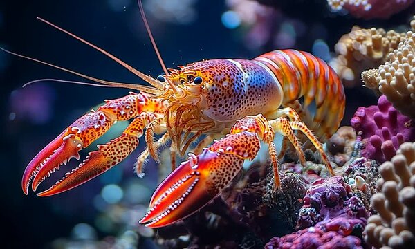 A vibrant lobster showcasing its claws in an underwater setting.