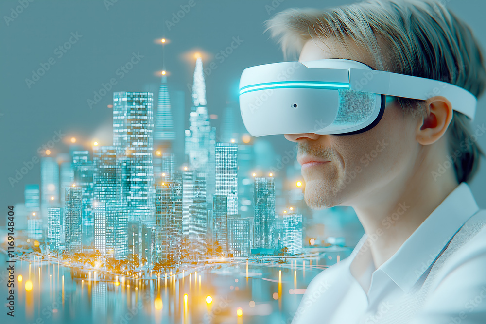 Poster virtual reality experience in a futuristic cityscape with an immersive environment