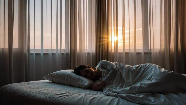 A serene scene of a woman sleeping in soft morning light, curtains gently swaying, evoking calmness and tranquility