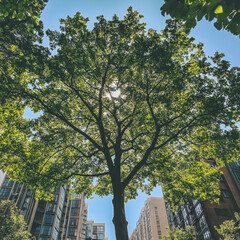 Sun-dappled Tree Canopy Overlooking Urban Buildings, a Tranquil Oasis Amidst City Life, with Green Leaves and Clear Blue Sky Showing the Contrast Between Nature and Concrete