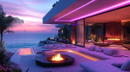 Modern cliffside mansion patio with fire pit and ocean view at sunset.