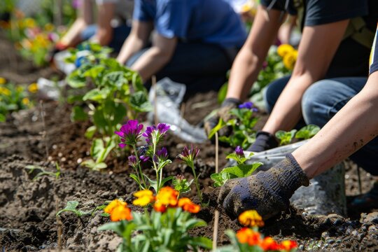 Community garden volunteers planting flowers