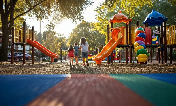 Children playing at a colorful playground during sunset.