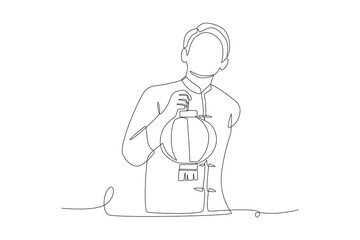 Asian man holding a red lantern. Red lanterns concept one-line drawing
