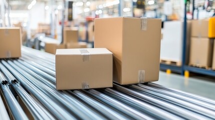 Multiple cardboard parcels being sorted on a conveyor belt in a modern warehouse facility, optimized for efficient logistics and shipping operations