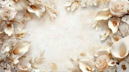 Fototapeta premium Floral frame background with orchids, calla lilies and roses in champagne, ivory, light beige, pale pink colour