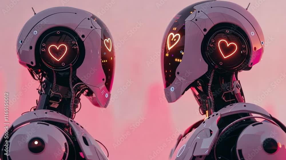 Poster Two futuristic robots with heart-shaped light displays face each other against a soft pink backdrop. This striking visual captures the essence of love and technology merging for Valentine's Day.