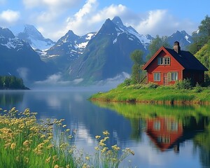 Fototapeta premium captivating Norwegian fjord with calm, reflective waters, towering mountains, and green meadows, capturing the serene and stunning beauty of the landscape