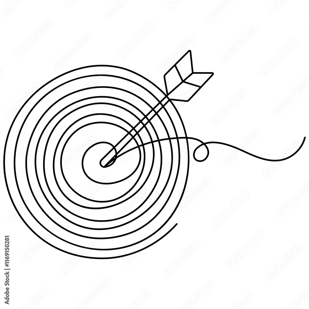 Poster target with arrow single line art, continuous one line drawing of isolated outline vector icon