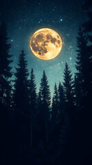 Full moon over a dark forest at night.