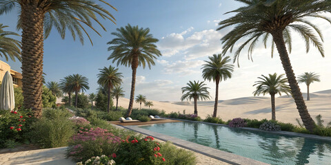 Fototapeta premium Breathtaking Oasis Features Majestic Palm Trees: A Serene Retreat into Nature's Embrace