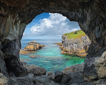 captivating sea cave entrance with electrifying turquoise waters and an aweinspiring coastal gateway, offering a magical and serene escape