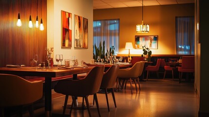 The dining room interior features a wood table and chairs, showcasing a blend of home decor and restaurant style