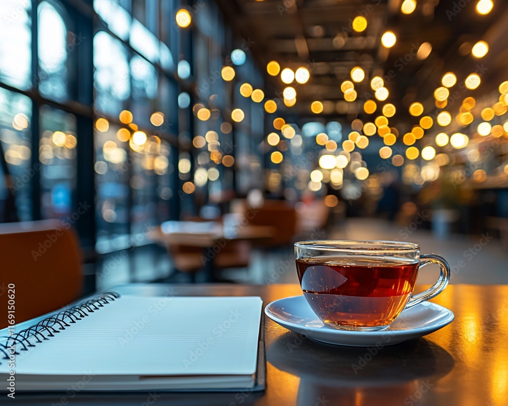 Poster tea and notebook on table in cafe.