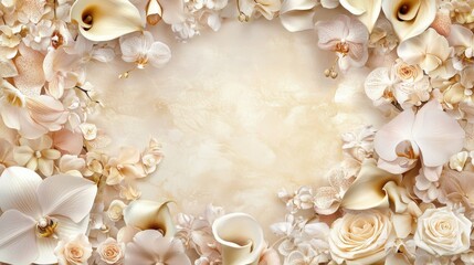 Floral frame background with orchids, calla lilies and roses in champagne, ivory, light beige, pale pink colour