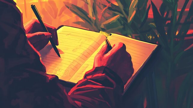 A close-up of a person journaling in a peaceful setting, reflecting on personal values and life’s deeper meaning 