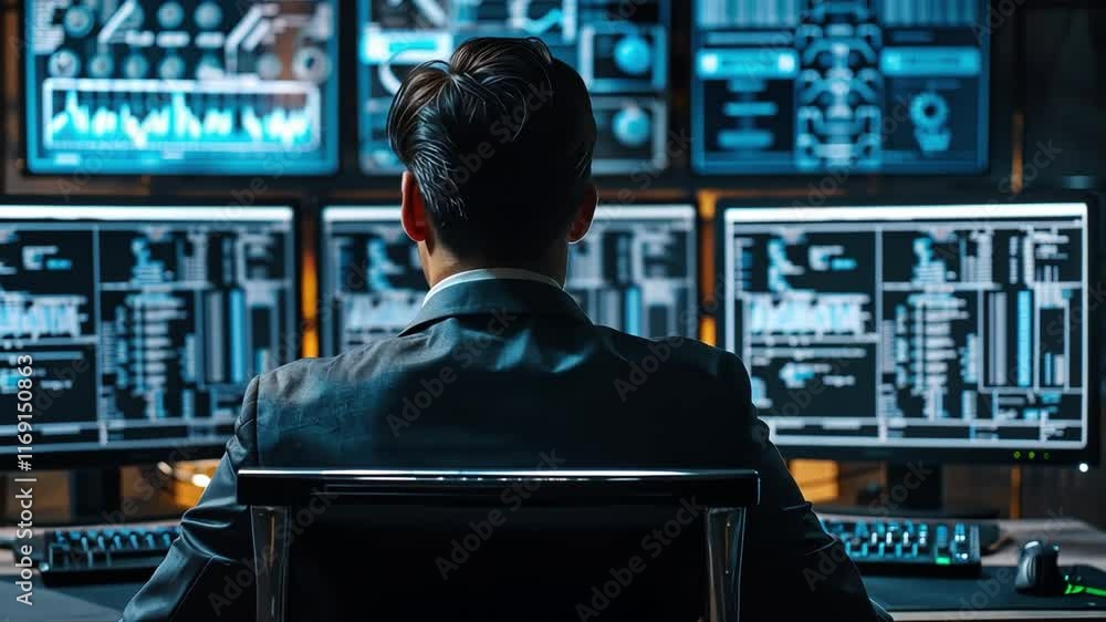 Aufkleber A person sits focused at a desk, surrounded by multiple high-definition monitors displaying various analytical data and graphics. The environment is dimly lit, enhancing the monitor glow.