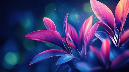 Fototapeta premium Tropical foliage in radiant blue with vibrant pink and purple hues under soft lighting
