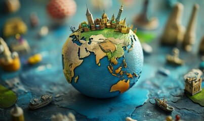 Global miniature: famous landmarks atop a world map.